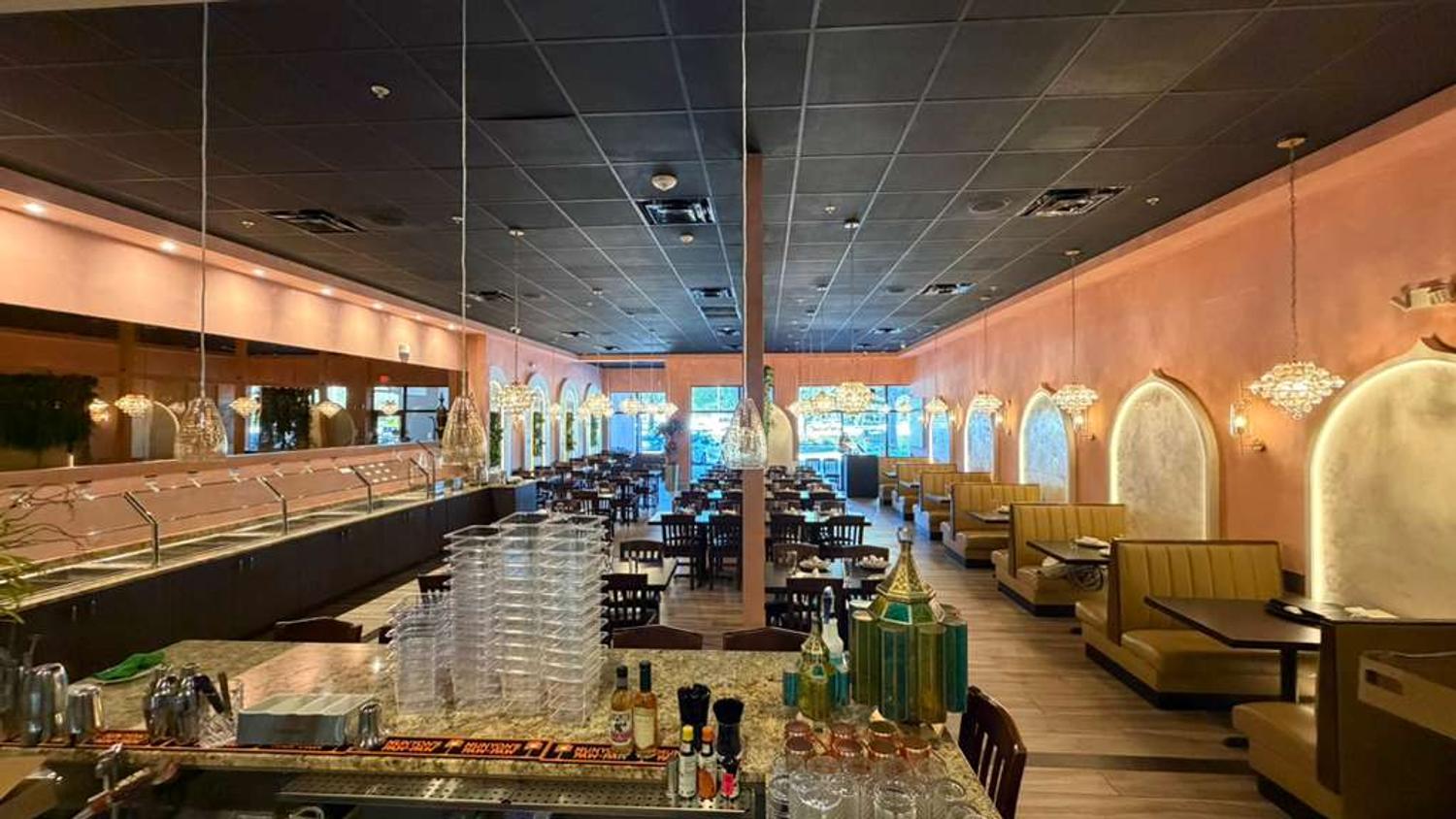 View of the dining room and buffet from the bar